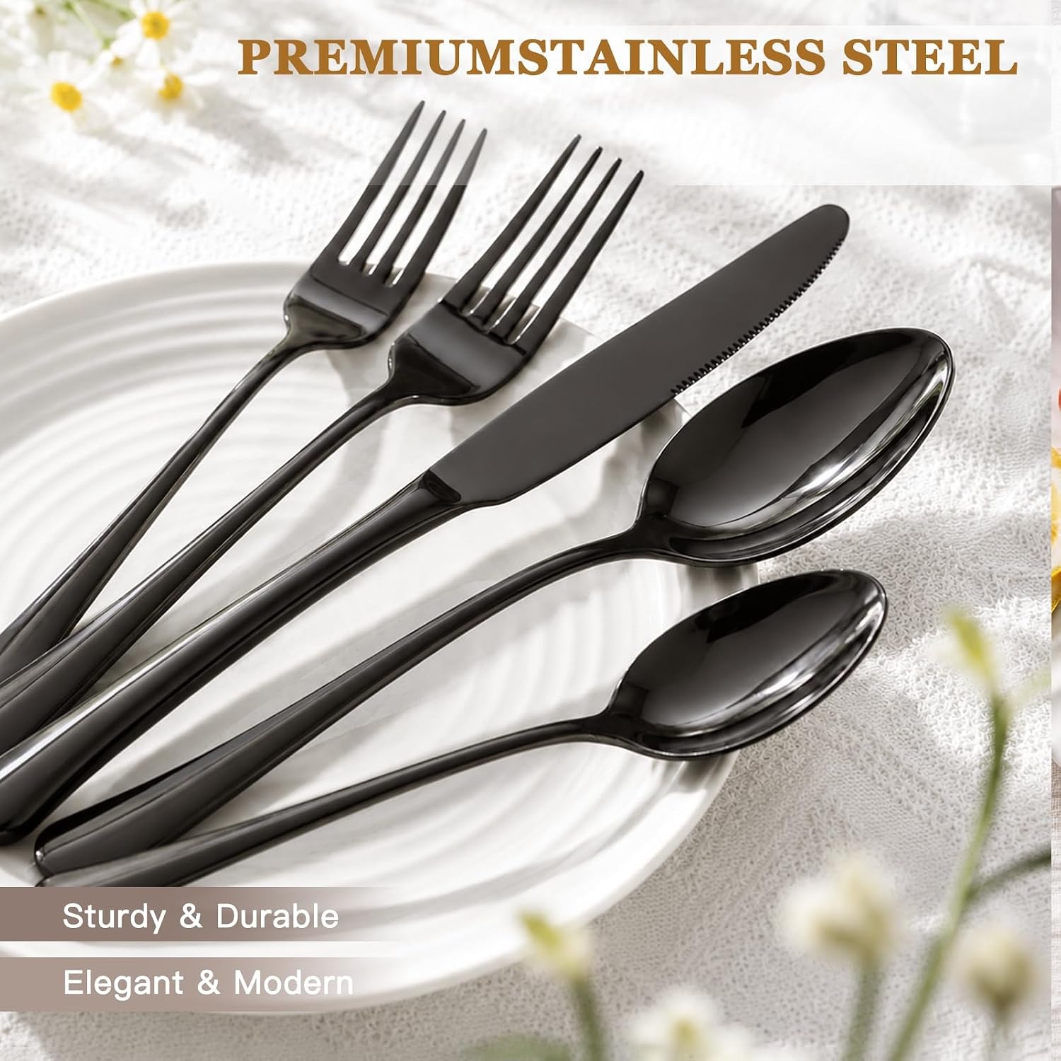 image:imageAstercook 24Piece Black Silverware Set with Steak Knives Flatware Set for 4 FoodGrade Stainless Steel Cutlery Set Mirror Polished Utensils Set Include Spoons and Forks for Home Kitchen RestaurantElegant Black Pro