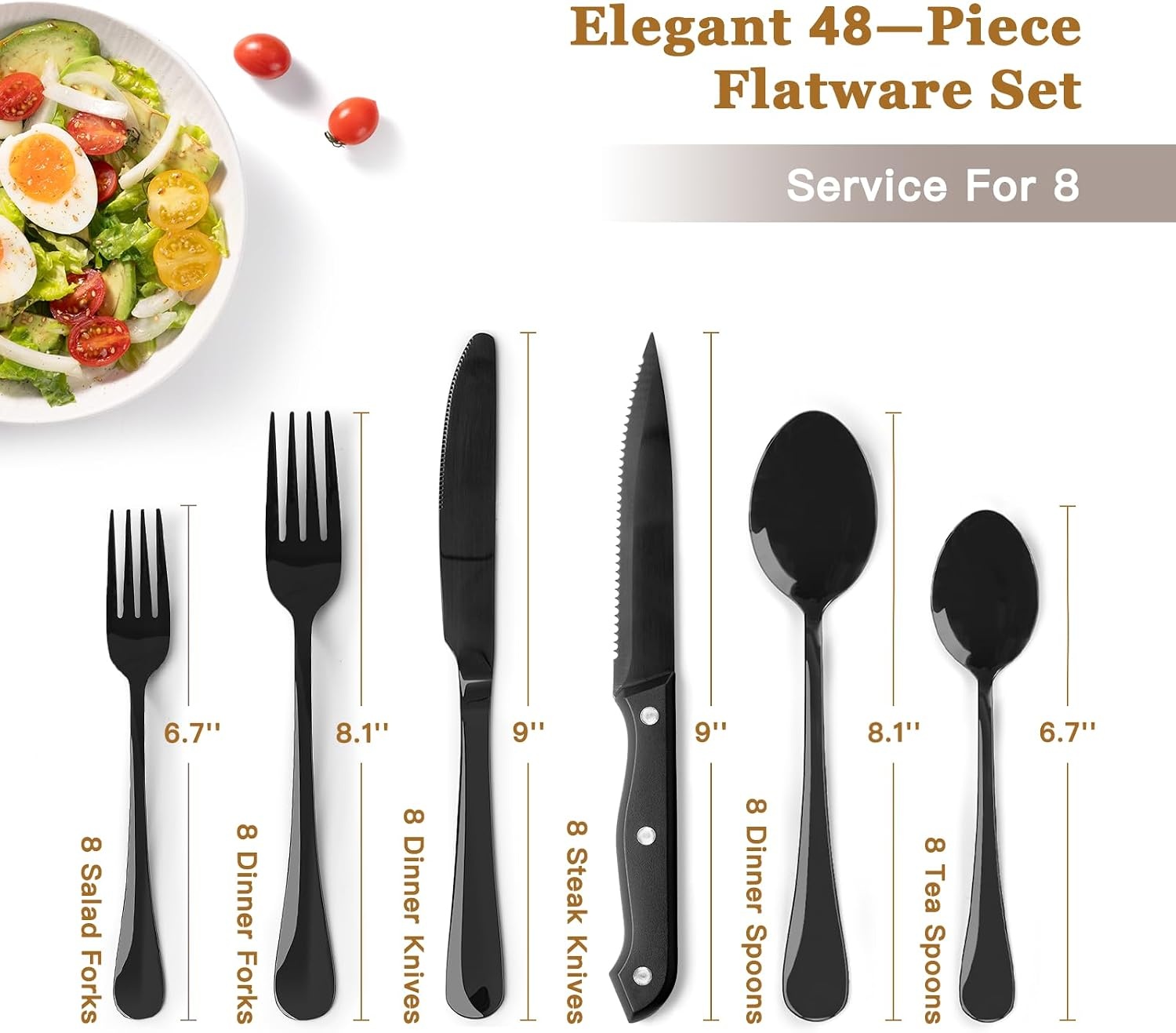 image:imageAstercook 24Piece Black Silverware Set with Steak Knives Flatware Set for 4 FoodGrade Stainless Steel Cutlery Set Mirror Polished Utensils Set Include Spoons and Forks for Home Kitchen RestaurantElegant Black Pro