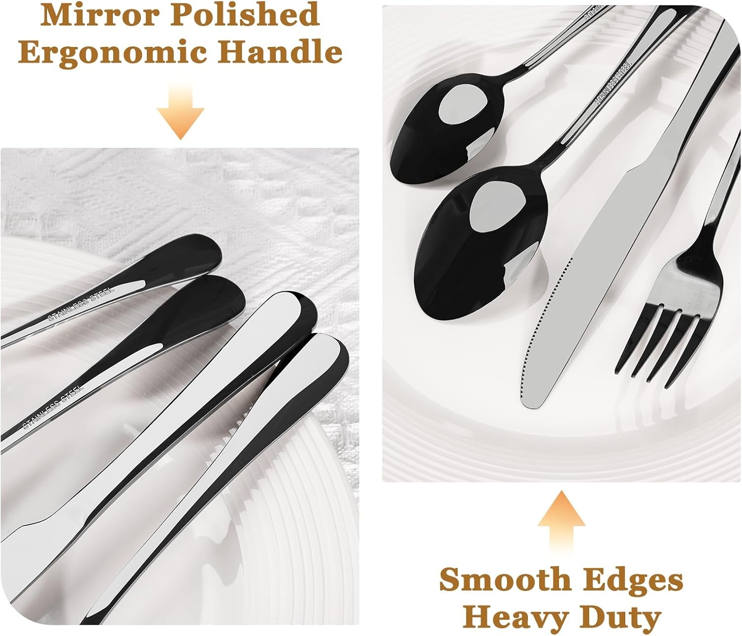image:imageAstercook 24Piece Black Silverware Set with Steak Knives Flatware Set for 4 FoodGrade Stainless Steel Cutlery Set Mirror Polished Utensils Set Include Spoons and Forks for Home Kitchen RestaurantElegant Black Pro