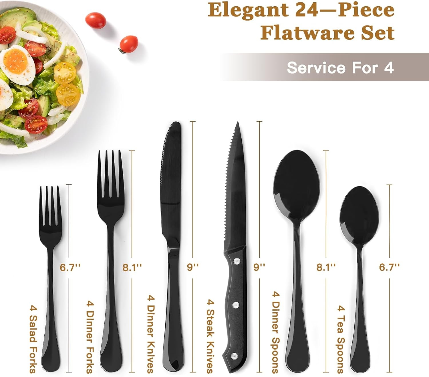 image:imageAstercook 24Piece Black Silverware Set with Steak Knives Flatware Set for 4 FoodGrade Stainless Steel Cutlery Set Mirror Polished Utensils Set Include Spoons and Forks for Home Kitchen RestaurantElegant Black Pro