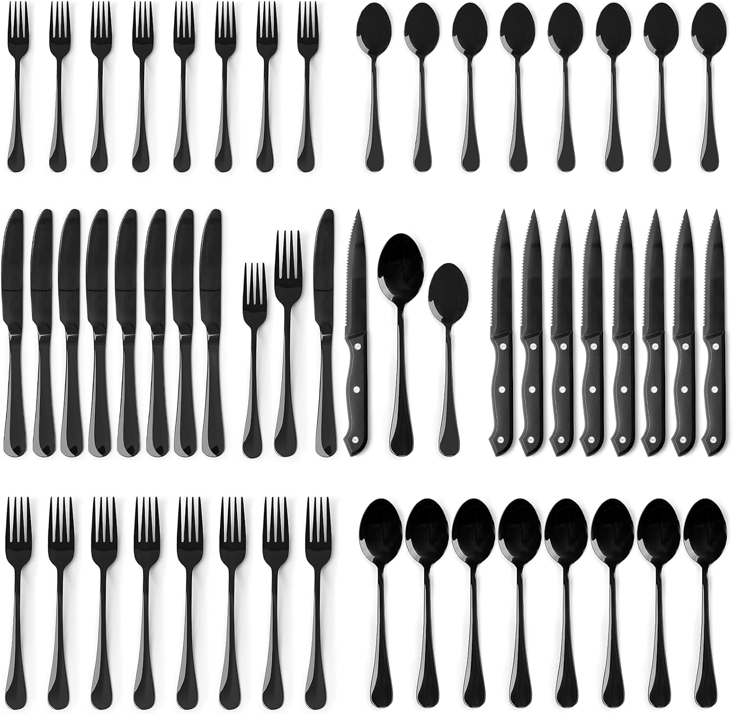image:imageAstercook 24Piece Black Silverware Set with Steak Knives Flatware Set for 4 FoodGrade Stainless Steel Cutlery Set Mirror Polished Utensils Set Include Spoons and Forks for Home Kitchen RestaurantElegant Black Pro