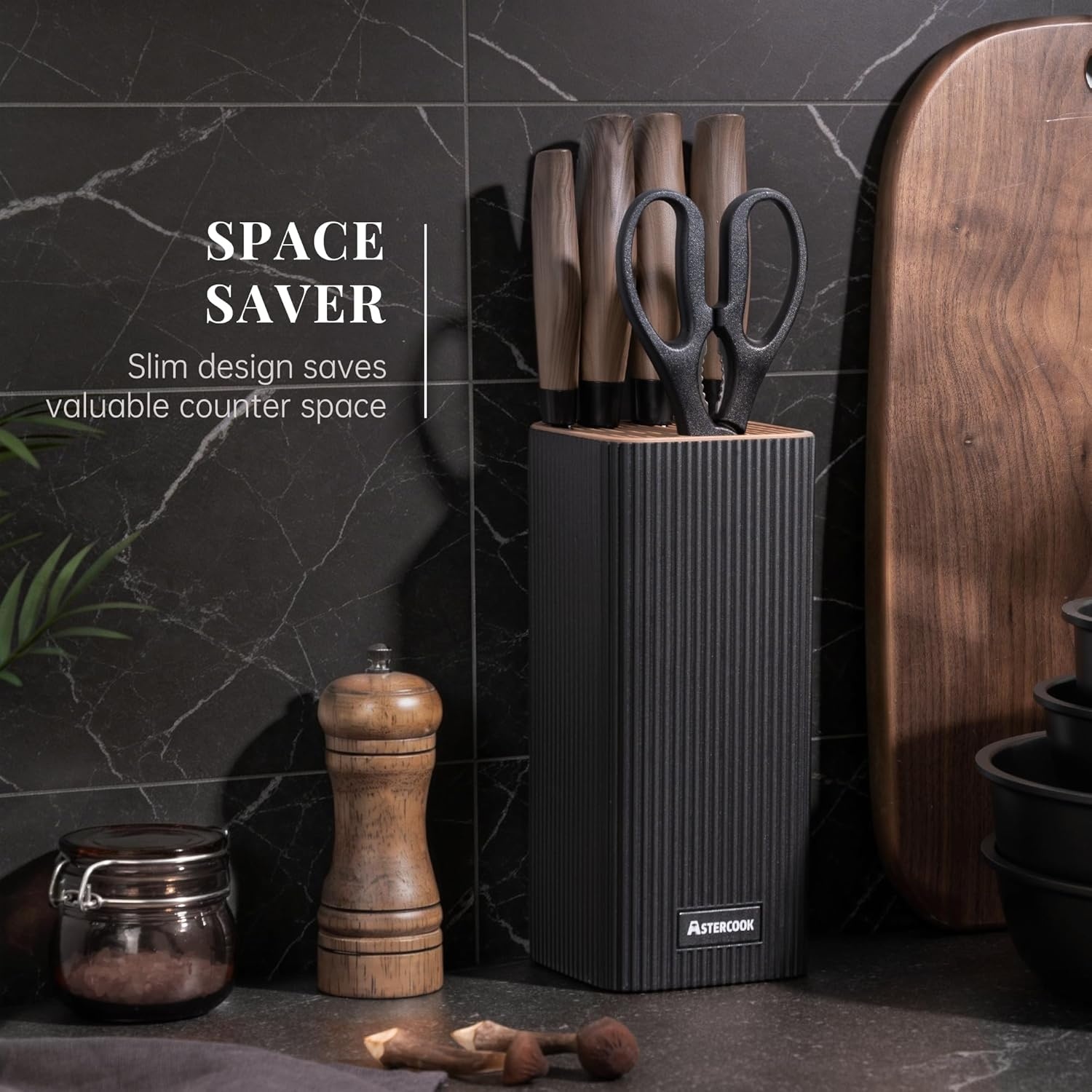image:imageAstercook Knife Set 6Piece Kitchen Knife Set with Block High Carbon Stainless Steel Ultra Sharp Kitchen Knives Wood Grain Handle Dishwasher Safe Knife Block Set Khaki Kitchen Utility KnivesBlack