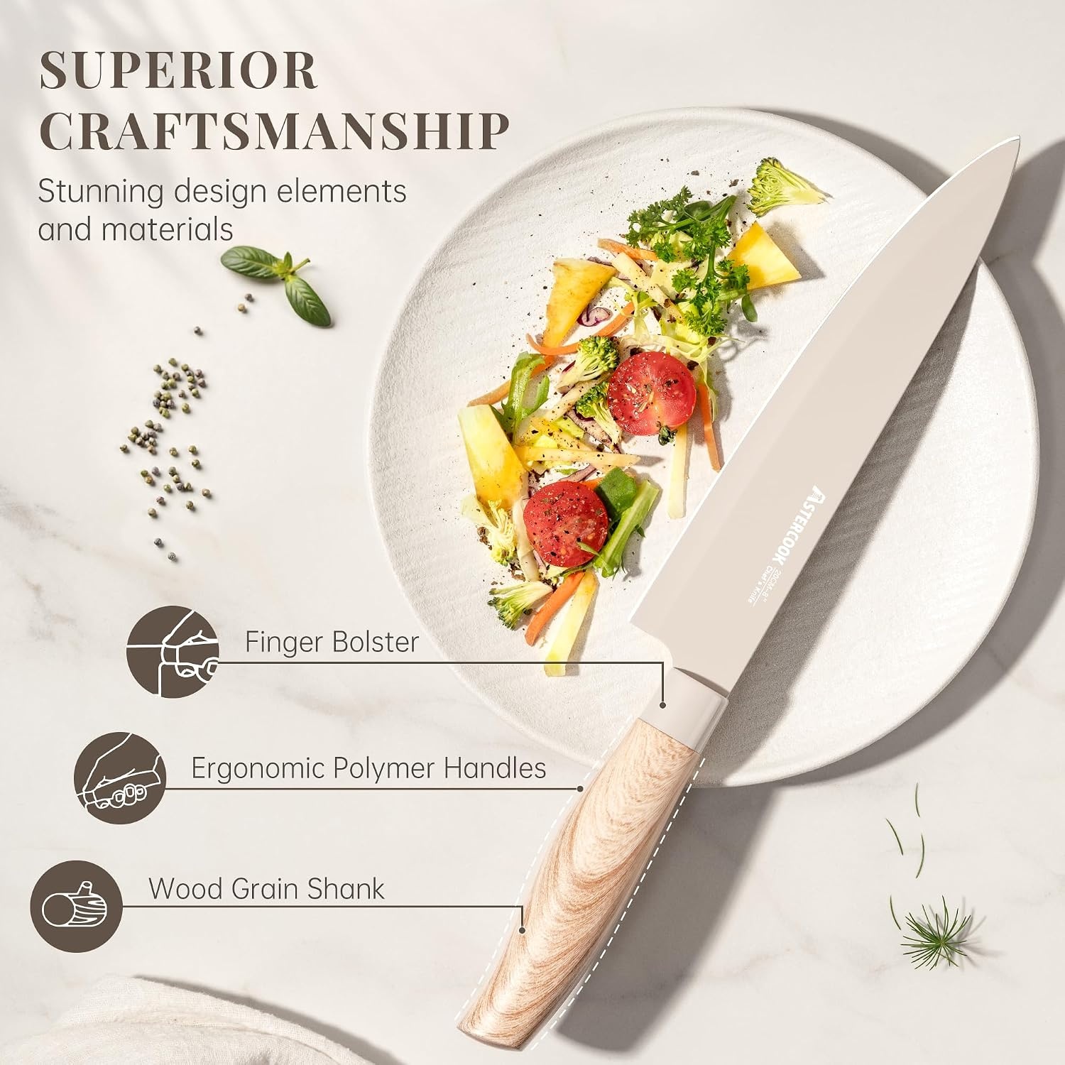 image:imageAstercook Knife Set 6Piece Kitchen Knife Set with Block High Carbon Stainless Steel Ultra Sharp Kitchen Knives Wood Grain Handle Dishwasher Safe Knife Block Set Khaki Kitchen Utility KnivesKhaki