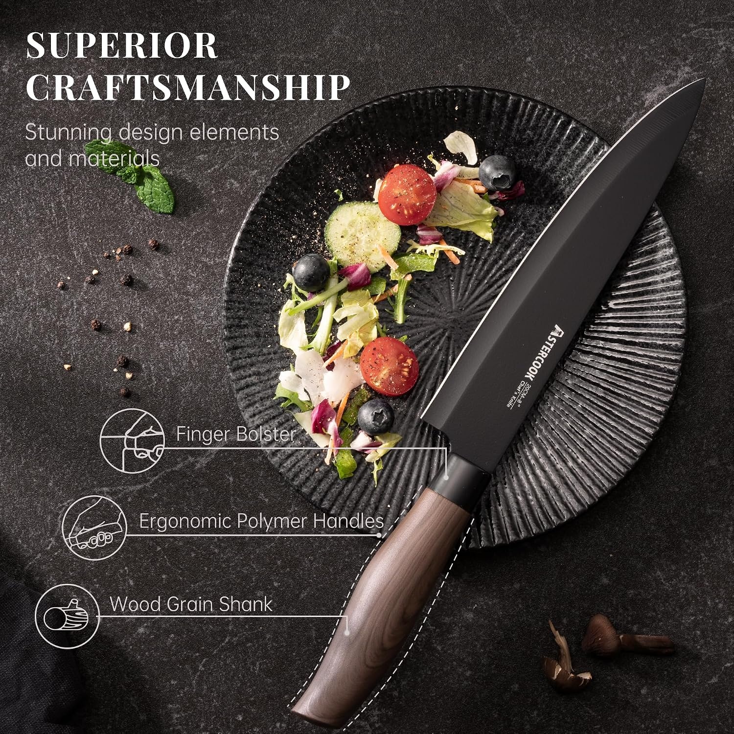 image:imageAstercook Knife Set 6Piece Kitchen Knife Set with Block High Carbon Stainless Steel Ultra Sharp Kitchen Knives Wood Grain Handle Dishwasher Safe Knife Block Set Khaki Kitchen Utility KnivesBlack