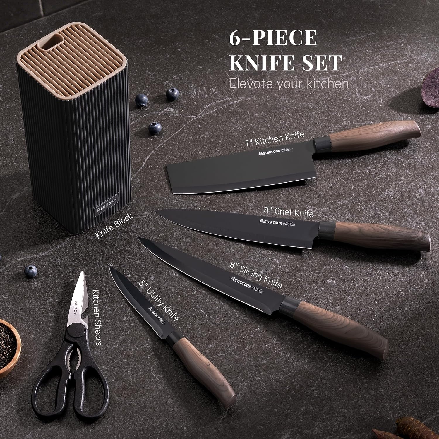image:imageAstercook Knife Set 6Piece Kitchen Knife Set with Block High Carbon Stainless Steel Ultra Sharp Kitchen Knives Wood Grain Handle Dishwasher Safe Knife Block Set Khaki Kitchen Utility KnivesBlack