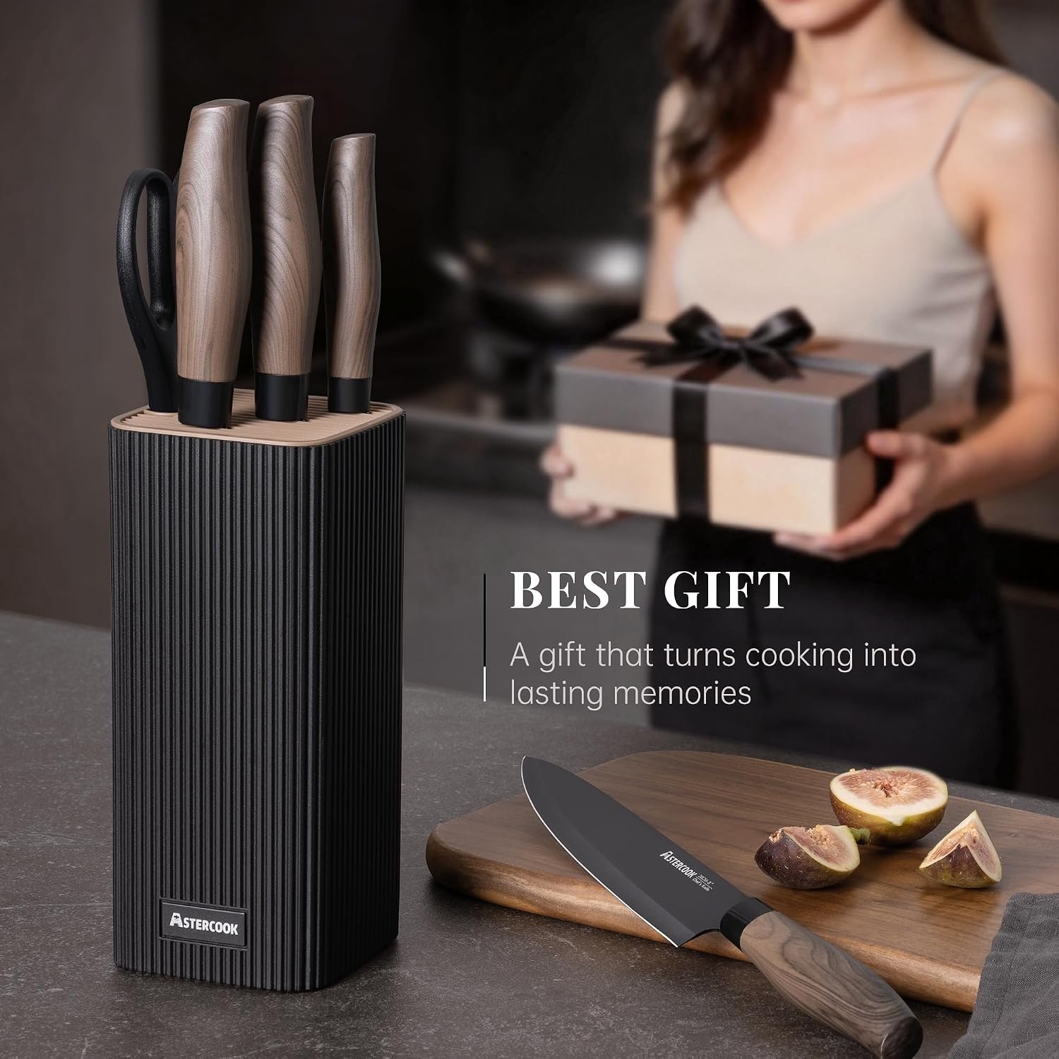 image:imageAstercook Knife Set 6Piece Kitchen Knife Set with Block High Carbon Stainless Steel Ultra Sharp Kitchen Knives Wood Grain Handle Dishwasher Safe Knife Block Set Khaki Kitchen Utility KnivesBlack