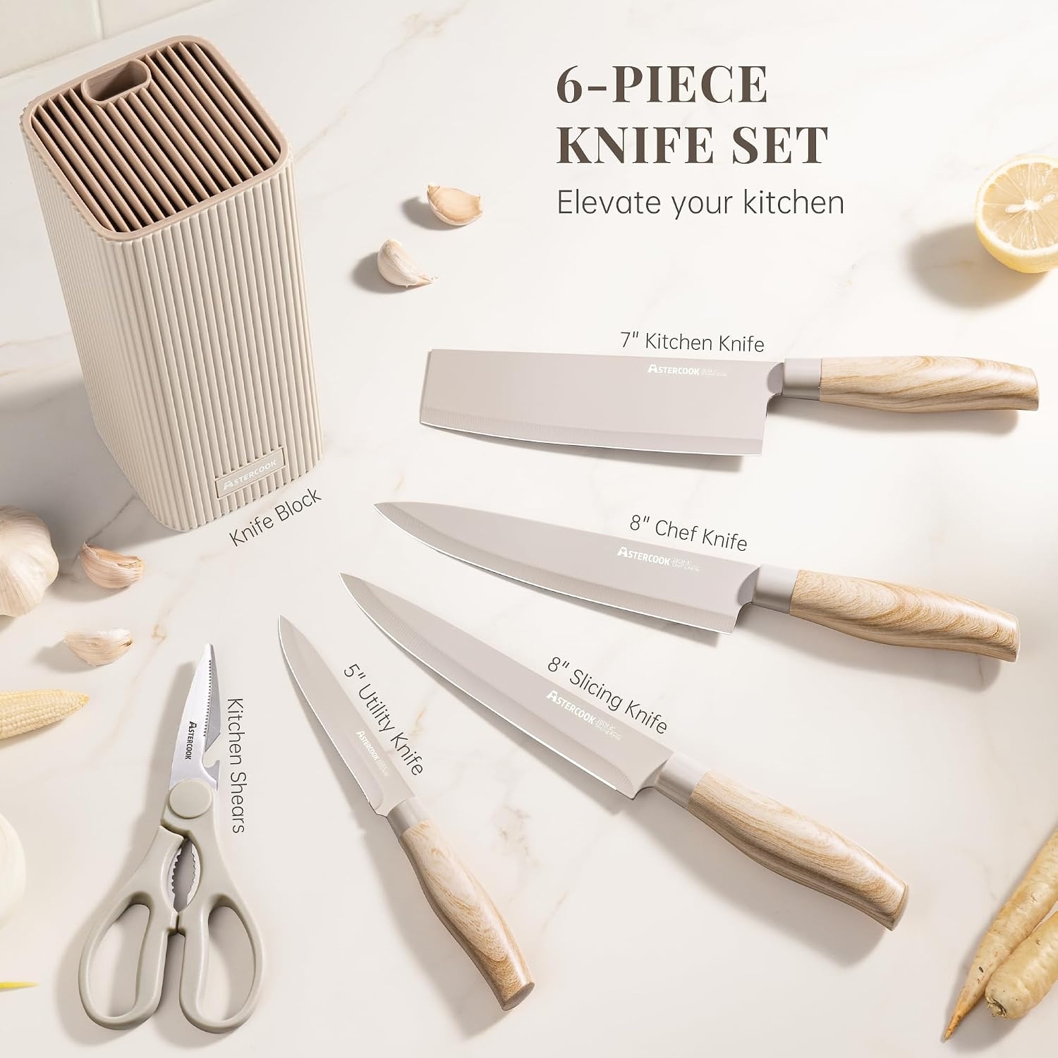 image:imageAstercook Knife Set 6Piece Kitchen Knife Set with Block High Carbon Stainless Steel Ultra Sharp Kitchen Knives Wood Grain Handle Dishwasher Safe Knife Block Set Khaki Kitchen Utility KnivesKhaki