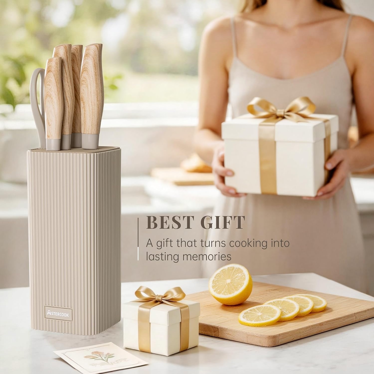 image:imageAstercook Knife Set 6Piece Kitchen Knife Set with Block High Carbon Stainless Steel Ultra Sharp Kitchen Knives Wood Grain Handle Dishwasher Safe Knife Block Set Khaki Kitchen Utility KnivesKhaki