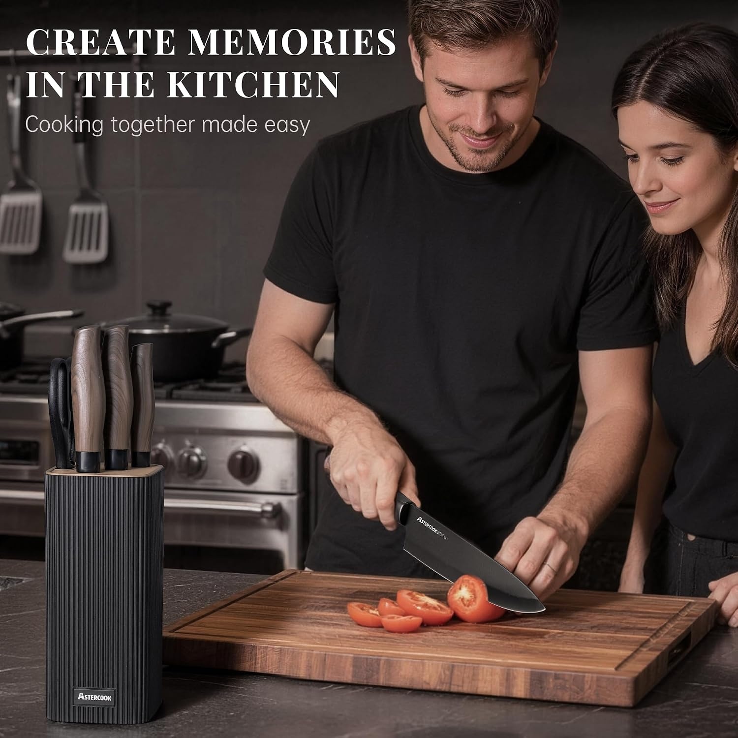 image:imageAstercook Knife Set 6Piece Kitchen Knife Set with Block High Carbon Stainless Steel Ultra Sharp Kitchen Knives Wood Grain Handle Dishwasher Safe Knife Block Set Khaki Kitchen Utility KnivesBlack