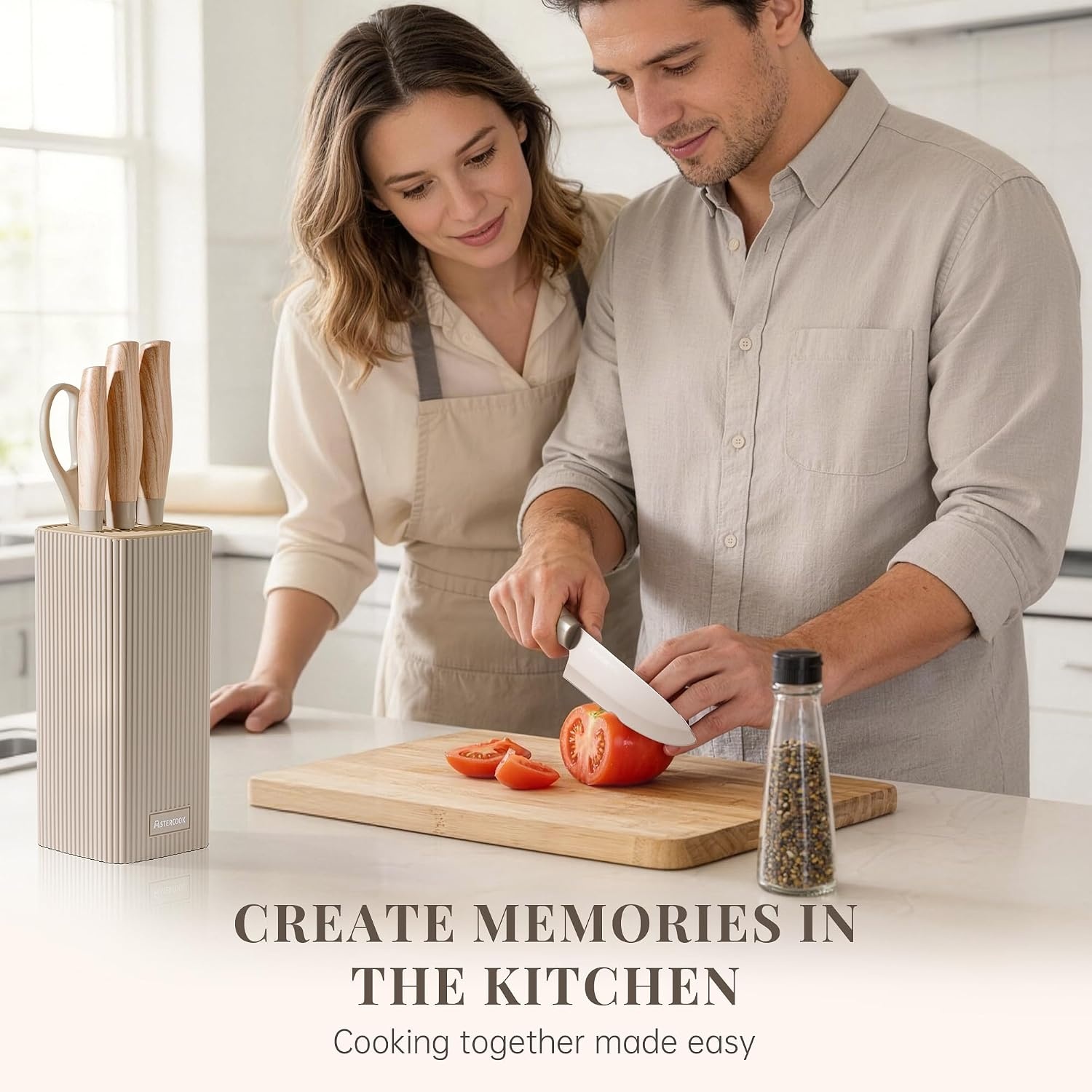image:imageAstercook Knife Set 6Piece Kitchen Knife Set with Block High Carbon Stainless Steel Ultra Sharp Kitchen Knives Wood Grain Handle Dishwasher Safe Knife Block Set Khaki Kitchen Utility KnivesKhaki