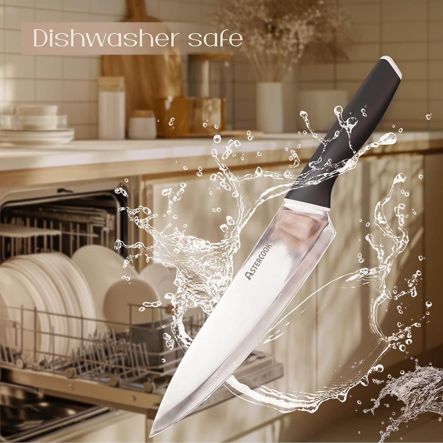 image:imageAstercook Knife Set Kitchen Knives Set with Block and Sharpener 15 Pcs German Stainless Steel Knives Sharp Blade Dishwasher Safe Deba Knives with Ergonomic Handle Crystal PinkA Elegant Black