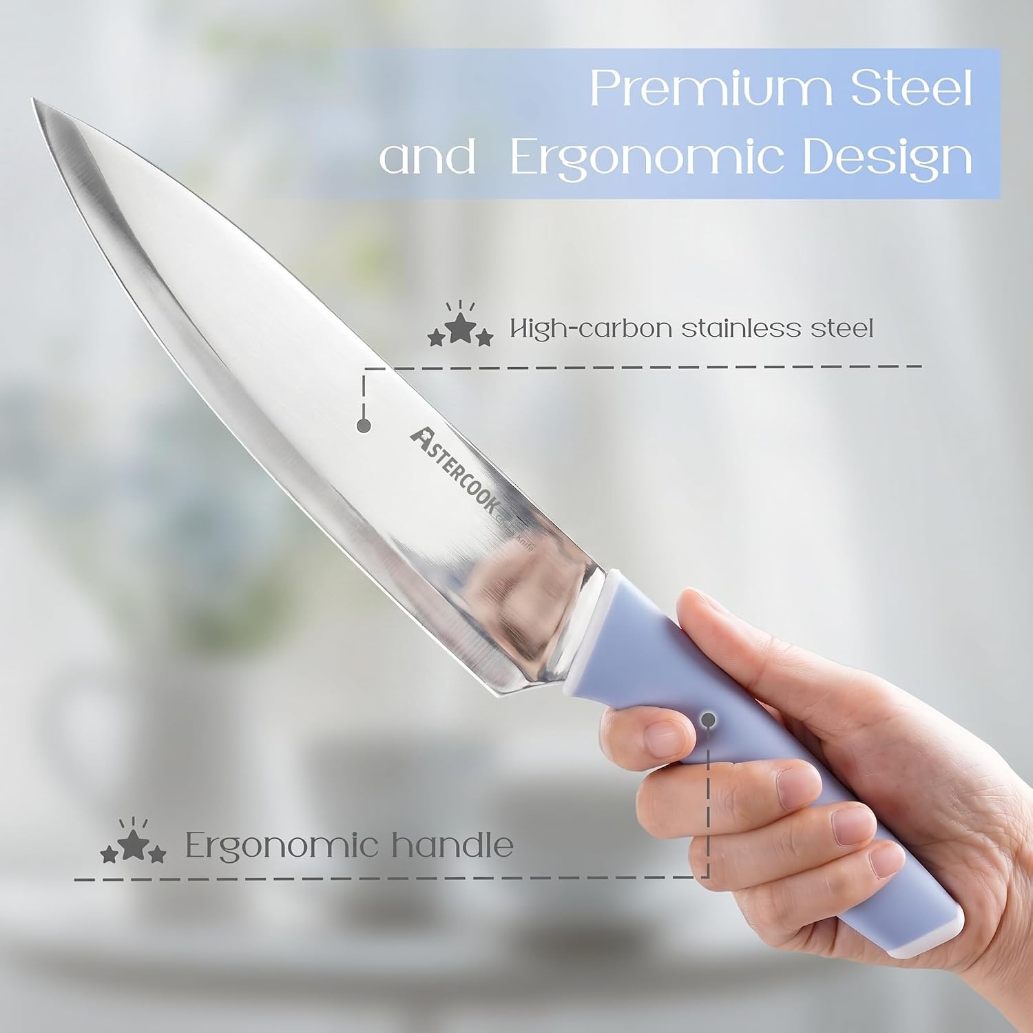 image:imageAstercook Knife Set Kitchen Knives Set with Block and Sharpener 15 Pcs German Stainless Steel Knives Sharp Blade Dishwasher Safe Deba Knives with Ergonomic Handle Crystal PinkDelicate Blue