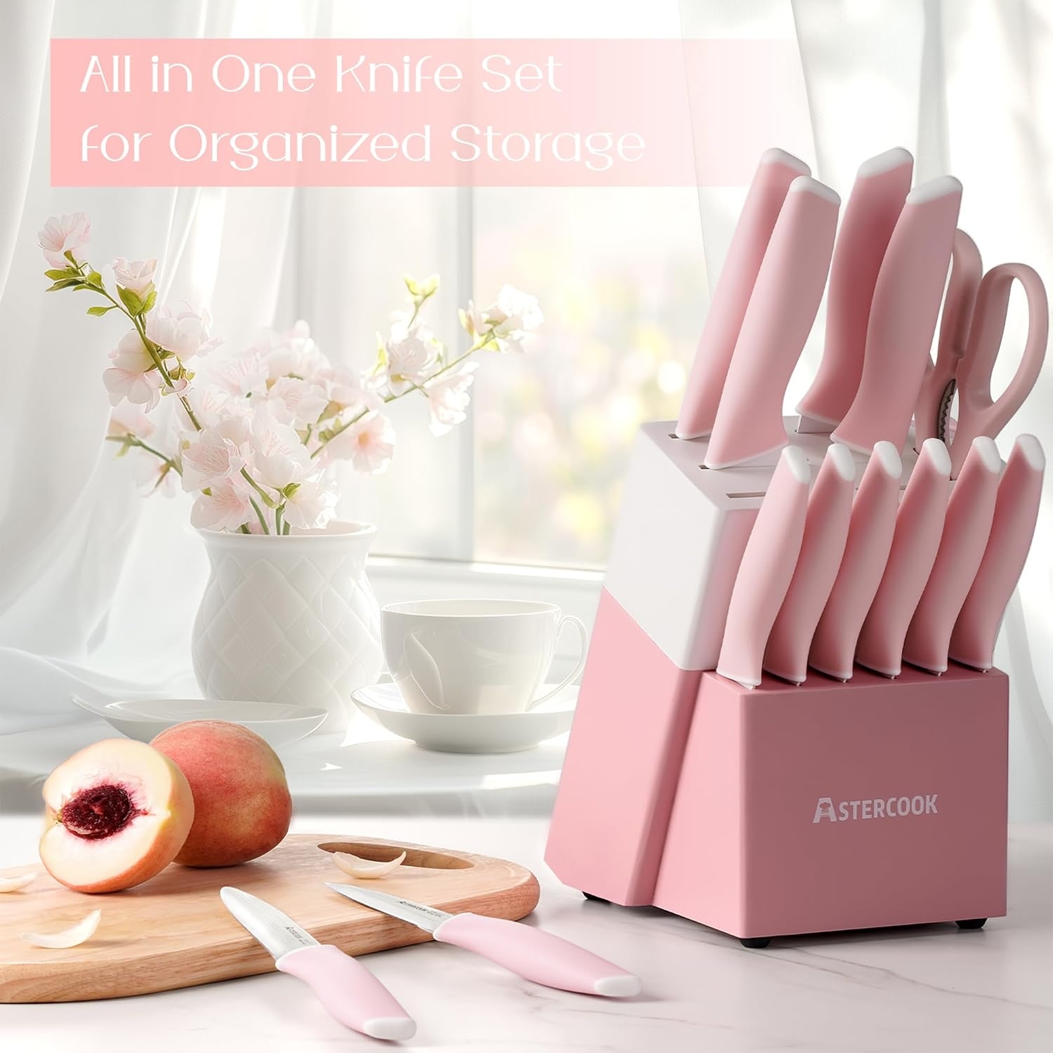 image:imageAstercook Knife Set Kitchen Knives Set with Block and Sharpener 15 Pcs German Stainless Steel Knives Sharp Blade Dishwasher Safe Deba Knives with Ergonomic Handle Crystal PinkCrystal Pink
