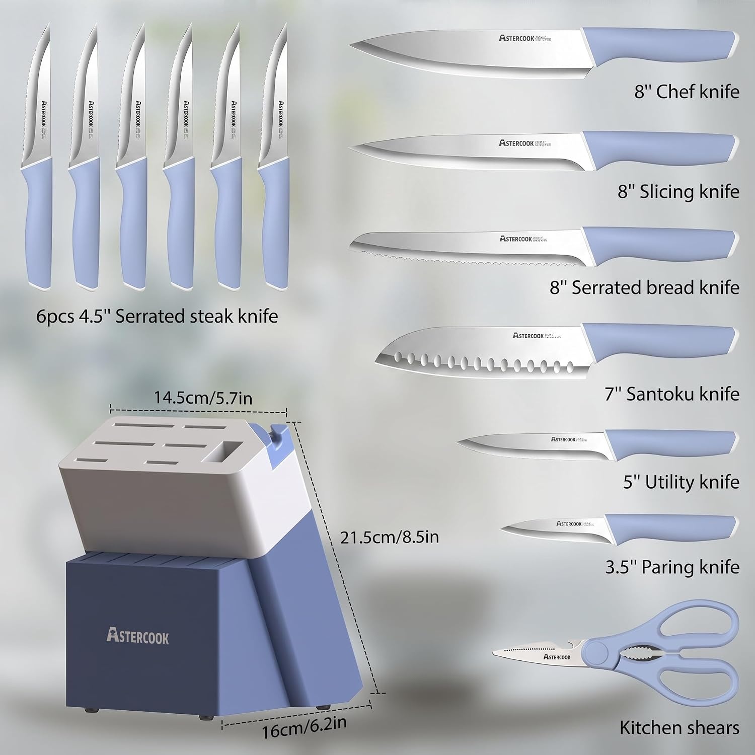 image:imageAstercook Knife Set Kitchen Knives Set with Block and Sharpener 15 Pcs German Stainless Steel Knives Sharp Blade Dishwasher Safe Deba Knives with Ergonomic Handle Crystal PinkDelicate Blue