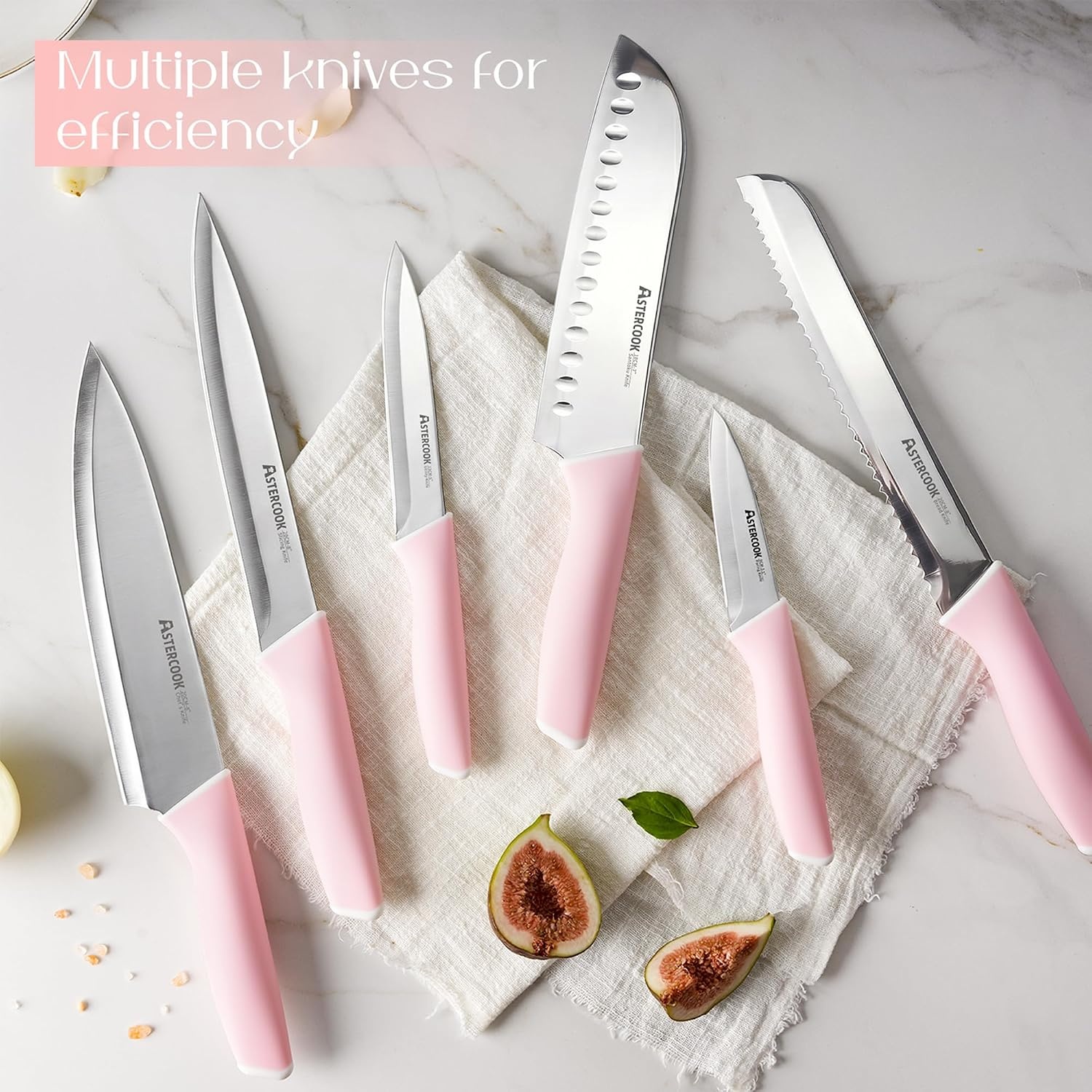 image:imageAstercook Knife Set Kitchen Knives Set with Block and Sharpener 15 Pcs German Stainless Steel Knives Sharp Blade Dishwasher Safe Deba Knives with Ergonomic Handle Crystal PinkCrystal Pink