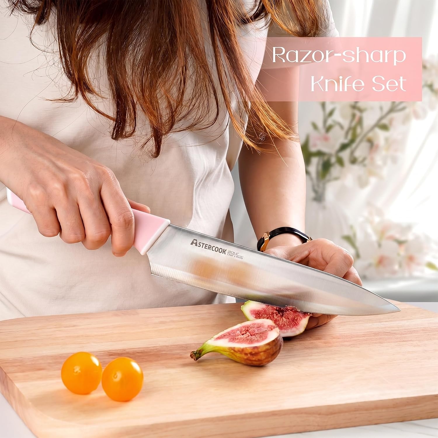 image:imageAstercook Knife Set Kitchen Knives Set with Block and Sharpener 15 Pcs German Stainless Steel Knives Sharp Blade Dishwasher Safe Deba Knives with Ergonomic Handle Crystal PinkCrystal Pink