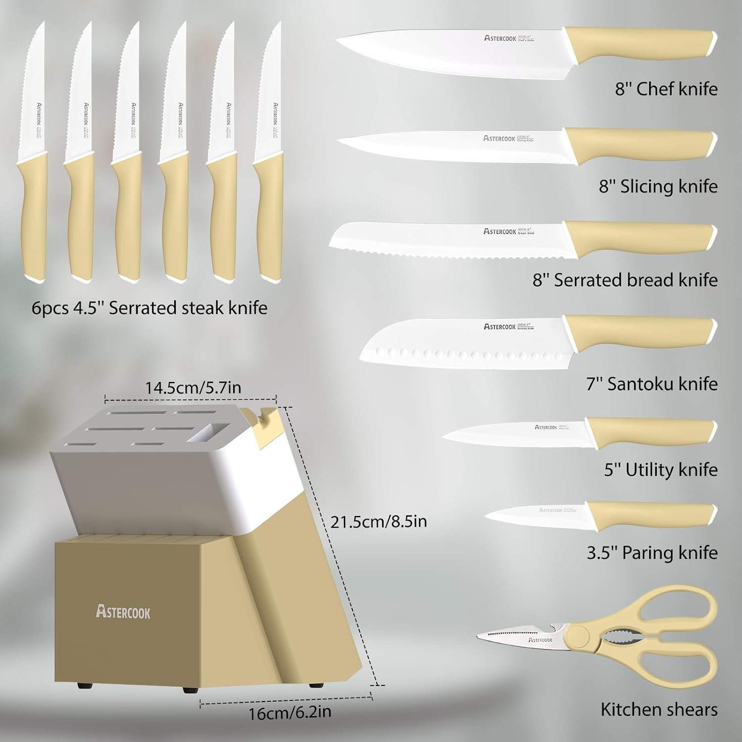 image:imageAstercook Knife Set Kitchen Knives Set with Block and Sharpener 15 Pcs German Stainless Steel Knives Sharp Blade Dishwasher Safe Deba Knives with Ergonomic Handle Crystal PinkMorandi Yellow
