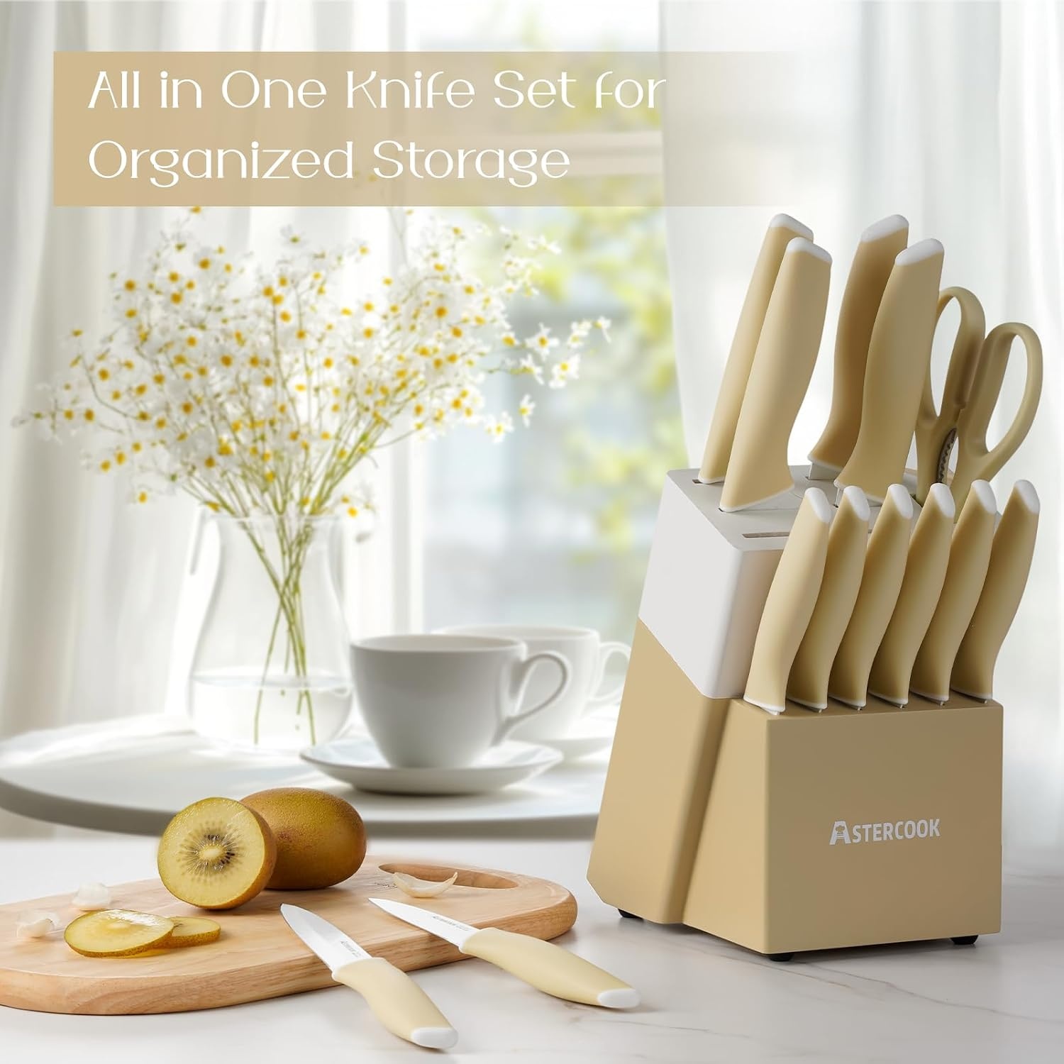 image:imageAstercook Knife Set Kitchen Knives Set with Block and Sharpener 15 Pcs German Stainless Steel Knives Sharp Blade Dishwasher Safe Deba Knives with Ergonomic Handle Crystal PinkMorandi Yellow
