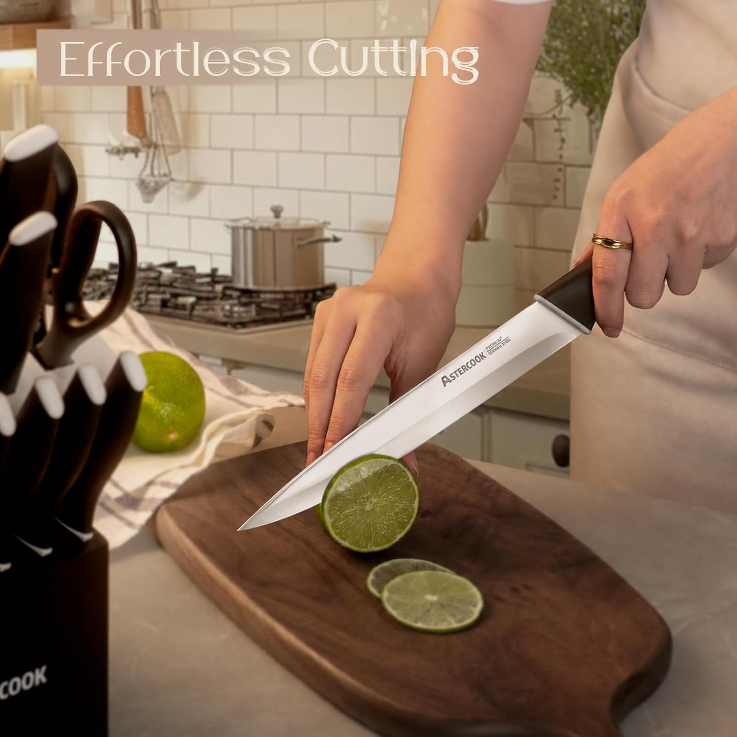 image:imageAstercook Knife Set Kitchen Knives Set with Block and Sharpener 15 Pcs German Stainless Steel Knives Sharp Blade Dishwasher Safe Deba Knives with Ergonomic Handle Crystal PinkA Elegant Black