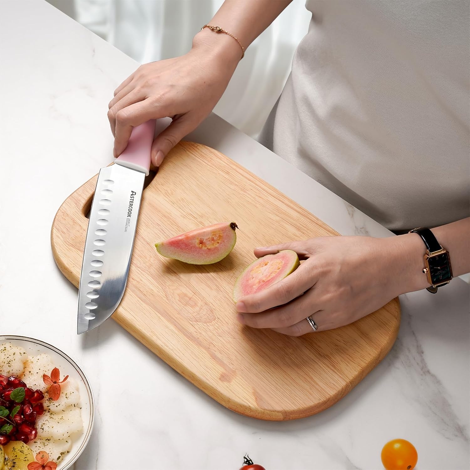 image:imageAstercook Knife Set Kitchen Knives Set with Block and Sharpener 15 Pcs German Stainless Steel Knives Sharp Blade Dishwasher Safe Deba Knives with Ergonomic Handle Crystal PinkCrystal Pink