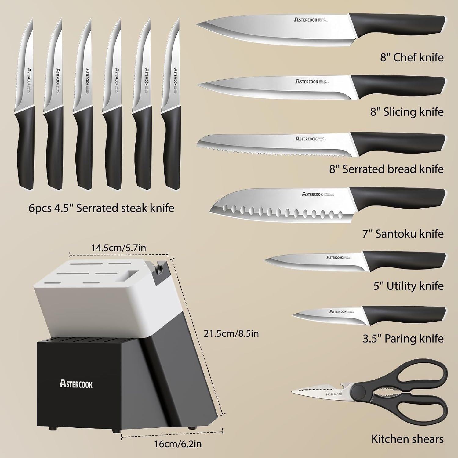image:imageAstercook Knife Set Kitchen Knives Set with Block and Sharpener 15 Pcs German Stainless Steel Knives Sharp Blade Dishwasher Safe Deba Knives with Ergonomic Handle Crystal PinkA Elegant Black