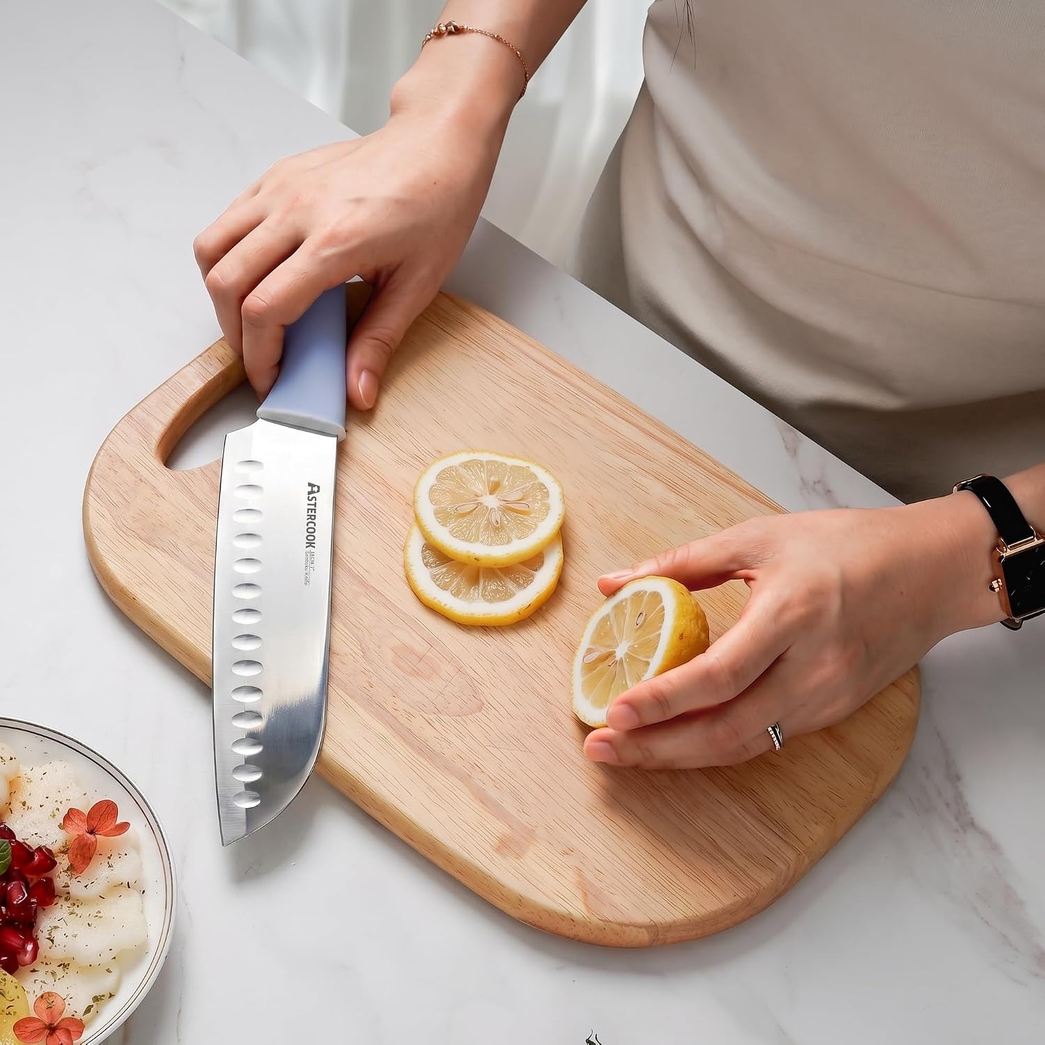 image:imageAstercook Knife Set Kitchen Knives Set with Block and Sharpener 15 Pcs German Stainless Steel Knives Sharp Blade Dishwasher Safe Deba Knives with Ergonomic Handle Crystal PinkDelicate Blue