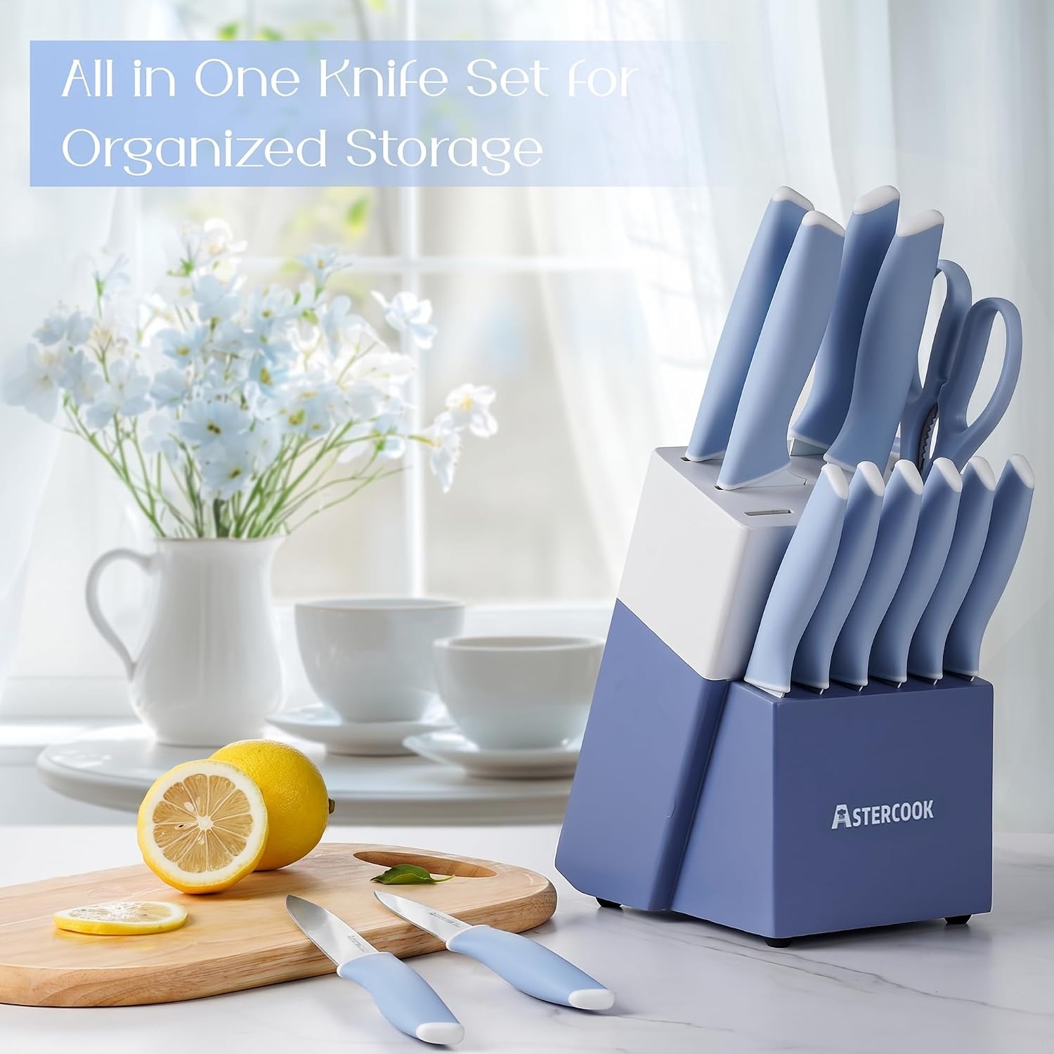 image:imageAstercook Knife Set Kitchen Knives Set with Block and Sharpener 15 Pcs German Stainless Steel Knives Sharp Blade Dishwasher Safe Deba Knives with Ergonomic Handle Crystal PinkDelicate Blue