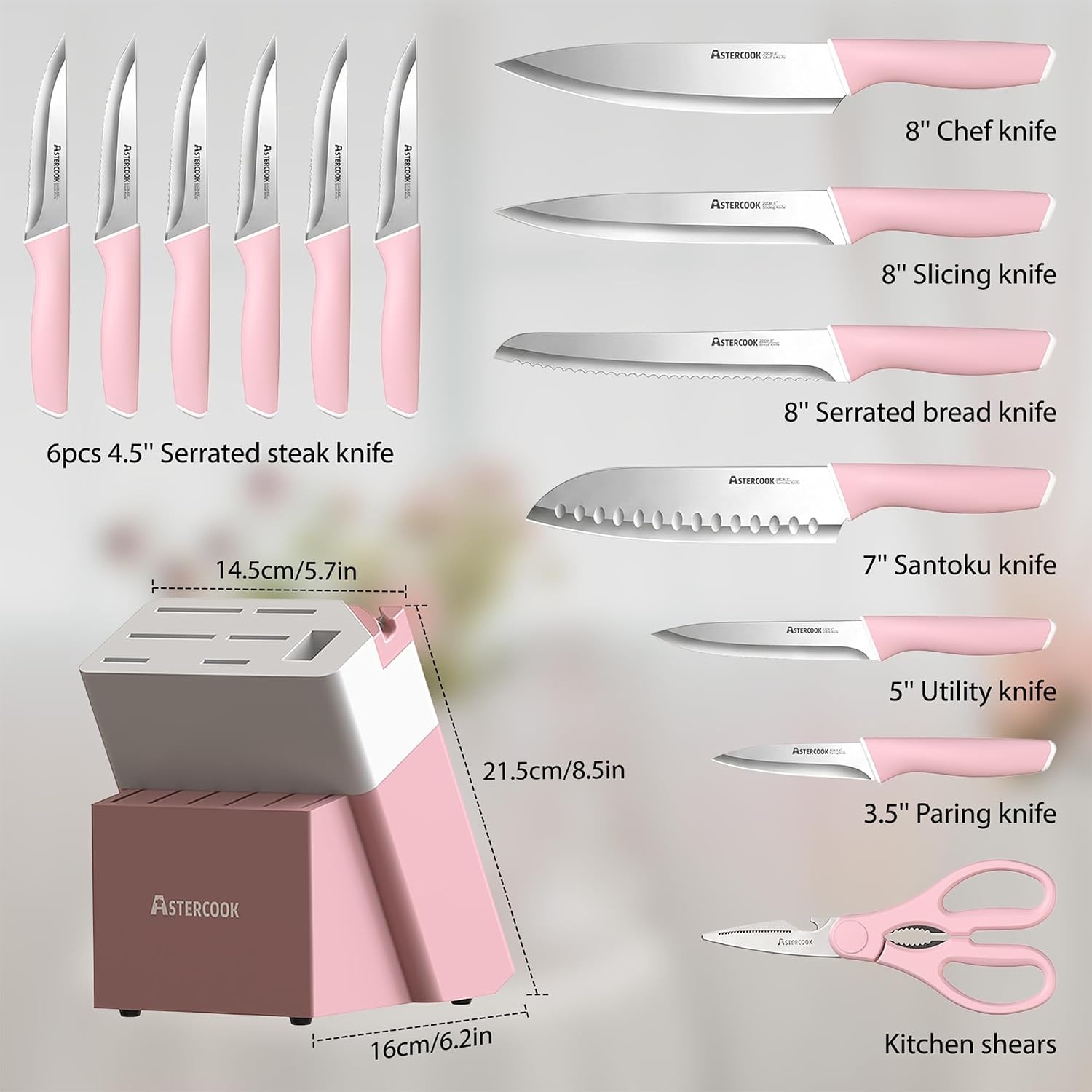 image:imageAstercook Knife Set Kitchen Knives Set with Block and Sharpener 15 Pcs German Stainless Steel Knives Sharp Blade Dishwasher Safe Deba Knives with Ergonomic Handle Crystal PinkCrystal Pink