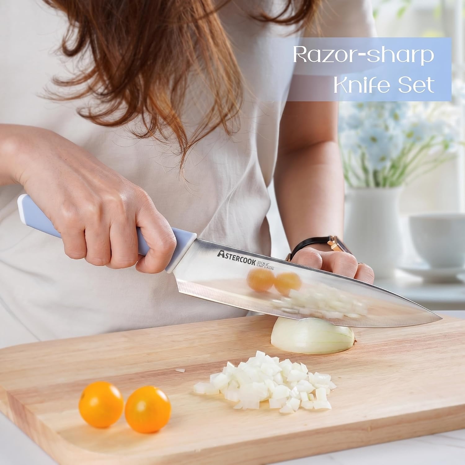 image:imageAstercook Knife Set Kitchen Knives Set with Block and Sharpener 15 Pcs German Stainless Steel Knives Sharp Blade Dishwasher Safe Deba Knives with Ergonomic Handle Crystal PinkDelicate Blue