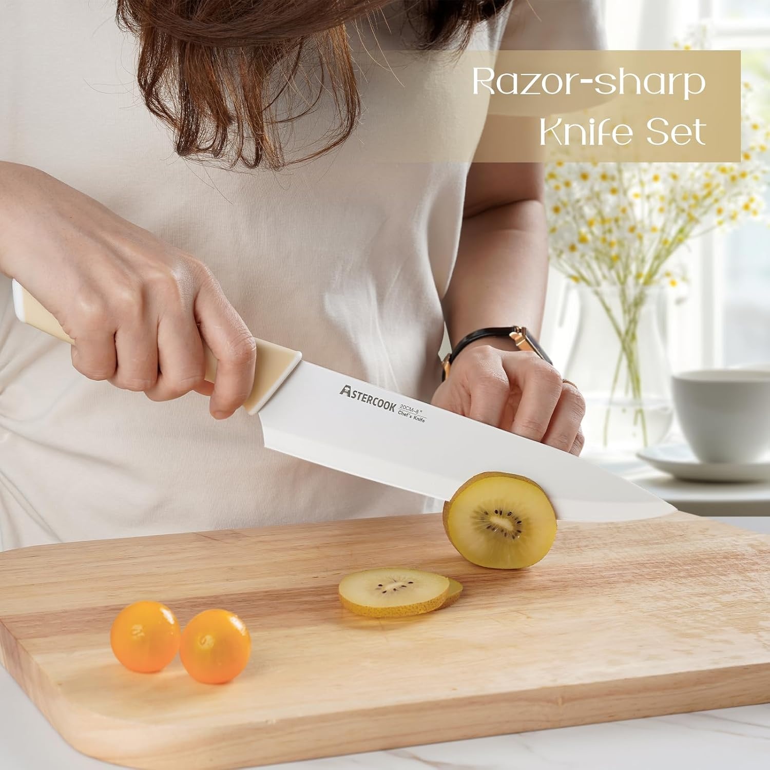 image:imageAstercook Knife Set Kitchen Knives Set with Block and Sharpener 15 Pcs German Stainless Steel Knives Sharp Blade Dishwasher Safe Deba Knives with Ergonomic Handle Crystal PinkMorandi Yellow