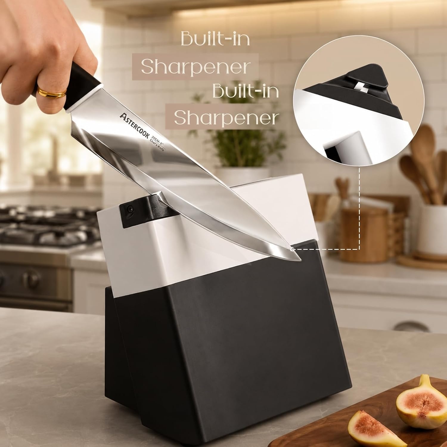 image:imageAstercook Knife Set Kitchen Knives Set with Block and Sharpener 15 Pcs German Stainless Steel Knives Sharp Blade Dishwasher Safe Deba Knives with Ergonomic Handle Crystal PinkA Elegant Black