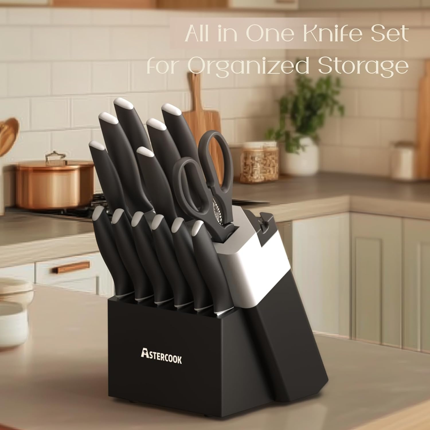 image:imageAstercook Knife Set Kitchen Knives Set with Block and Sharpener 15 Pcs German Stainless Steel Knives Sharp Blade Dishwasher Safe Deba Knives with Ergonomic Handle Crystal PinkA Elegant Black