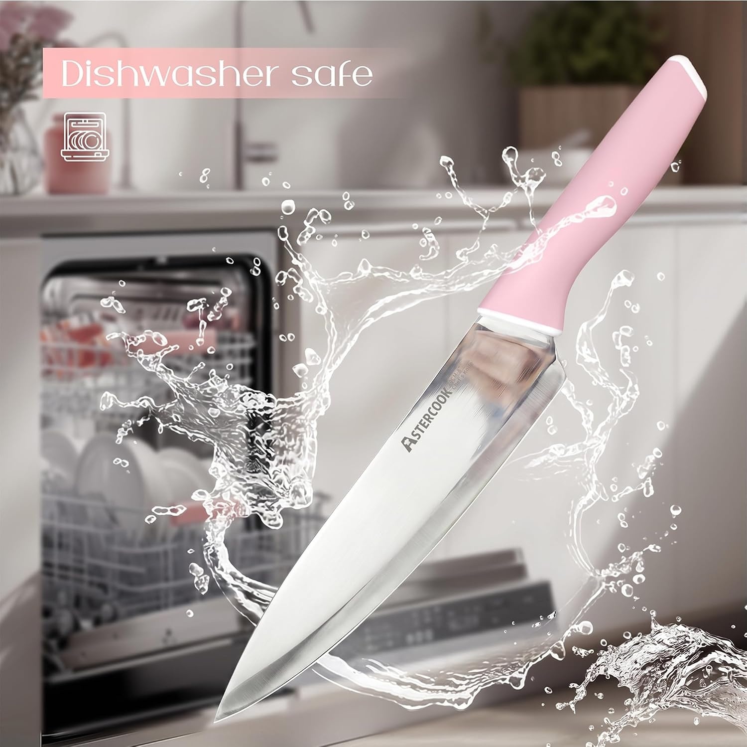 image:imageAstercook Knife Set Kitchen Knives Set with Block and Sharpener 15 Pcs German Stainless Steel Knives Sharp Blade Dishwasher Safe Deba Knives with Ergonomic Handle Crystal PinkCrystal Pink