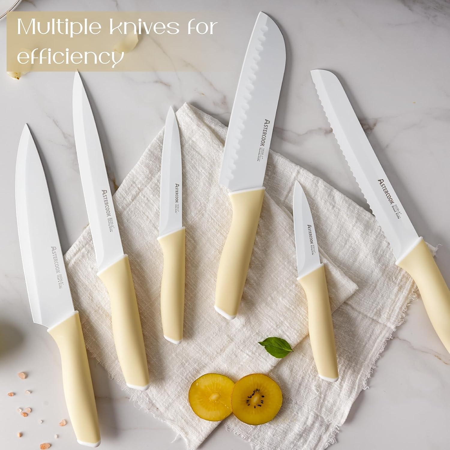 image:imageAstercook Knife Set Kitchen Knives Set with Block and Sharpener 15 Pcs German Stainless Steel Knives Sharp Blade Dishwasher Safe Deba Knives with Ergonomic Handle Crystal PinkMorandi Yellow