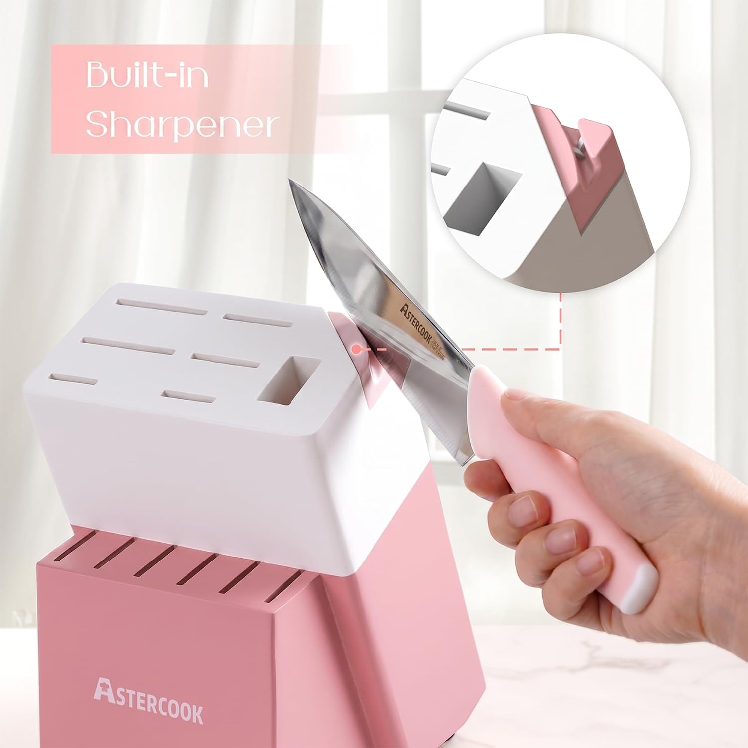 image:imageAstercook Knife Set Kitchen Knives Set with Block and Sharpener 15 Pcs German Stainless Steel Knives Sharp Blade Dishwasher Safe Deba Knives with Ergonomic Handle Crystal PinkCrystal Pink