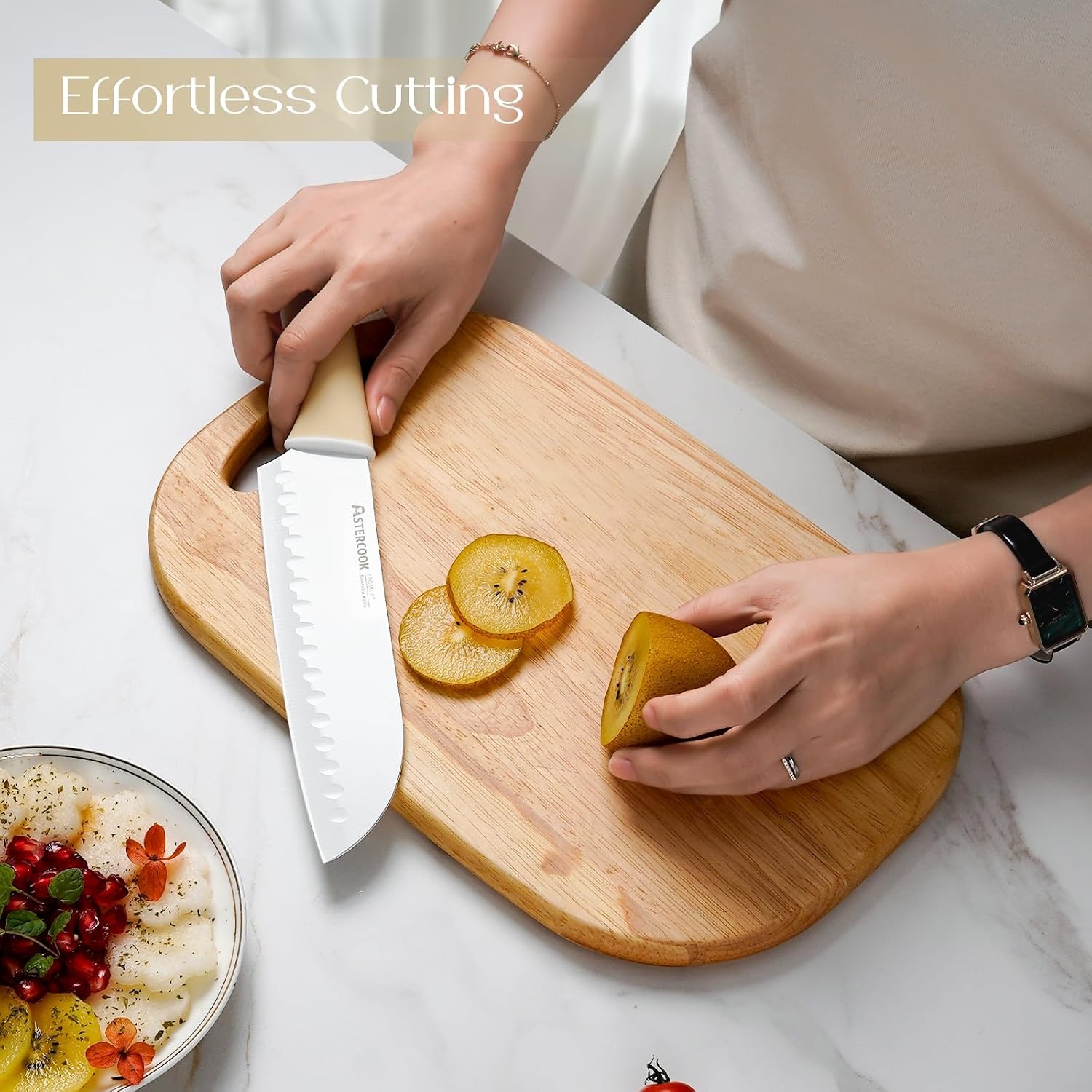image:imageAstercook Knife Set Kitchen Knives Set with Block and Sharpener 15 Pcs German Stainless Steel Knives Sharp Blade Dishwasher Safe Deba Knives with Ergonomic Handle Crystal PinkMorandi Yellow