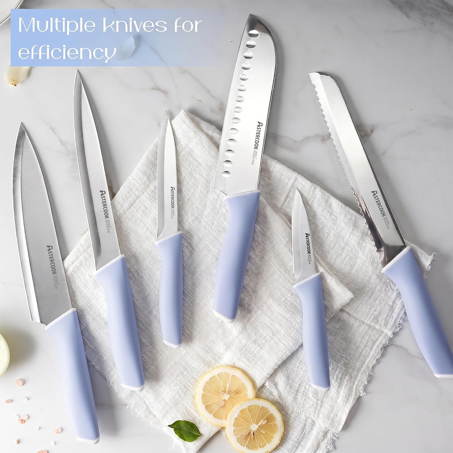 image:imageAstercook Knife Set Kitchen Knives Set with Block and Sharpener 15 Pcs German Stainless Steel Knives Sharp Blade Dishwasher Safe Deba Knives with Ergonomic Handle Crystal PinkDelicate Blue
