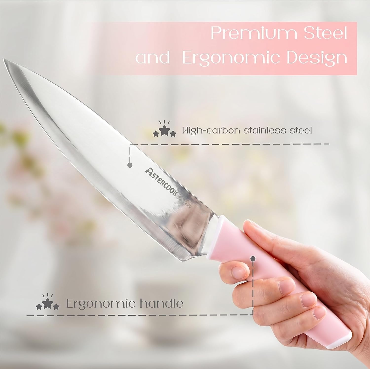 image:imageAstercook Knife Set Kitchen Knives Set with Block and Sharpener 15 Pcs German Stainless Steel Knives Sharp Blade Dishwasher Safe Deba Knives with Ergonomic Handle Crystal PinkCrystal Pink