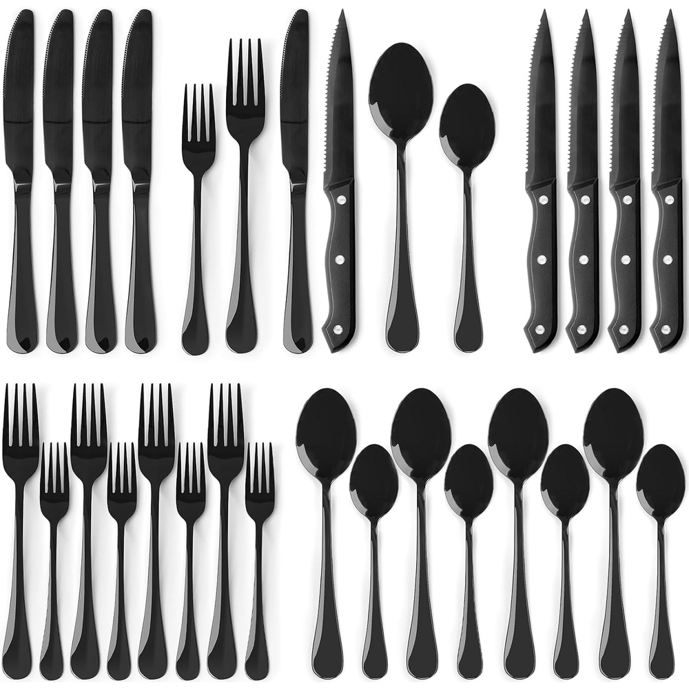 image:imageAstercook 24Piece Black Silverware Set with Steak Knives Flatware Set for 4 FoodGrade Stainless Steel Cutlery Set Mirror Polished Utensils Set Include Spoons and Forks for Home Kitchen RestaurantElegant Black Pro