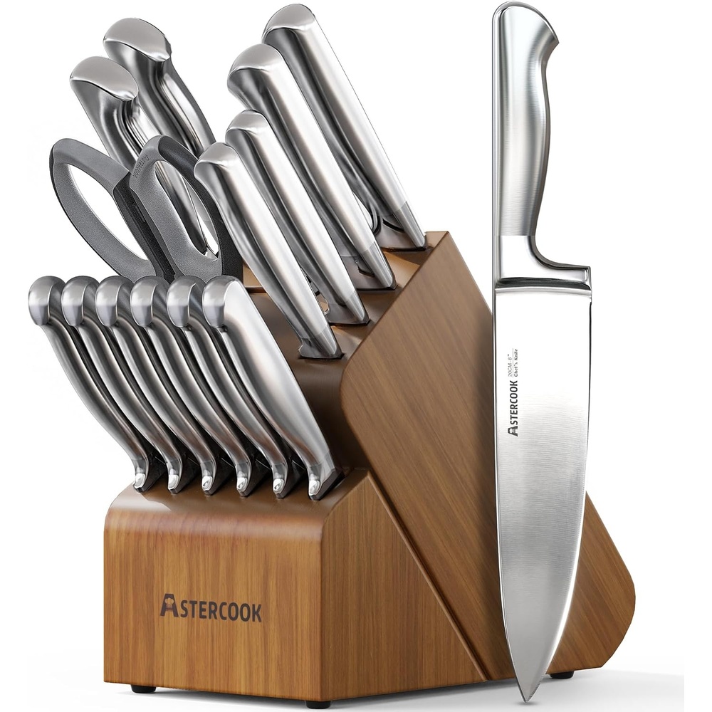 image:imageAstercook Knife Set 15 Piece German Steel Kitchen Knife Block SetWalnut Brown