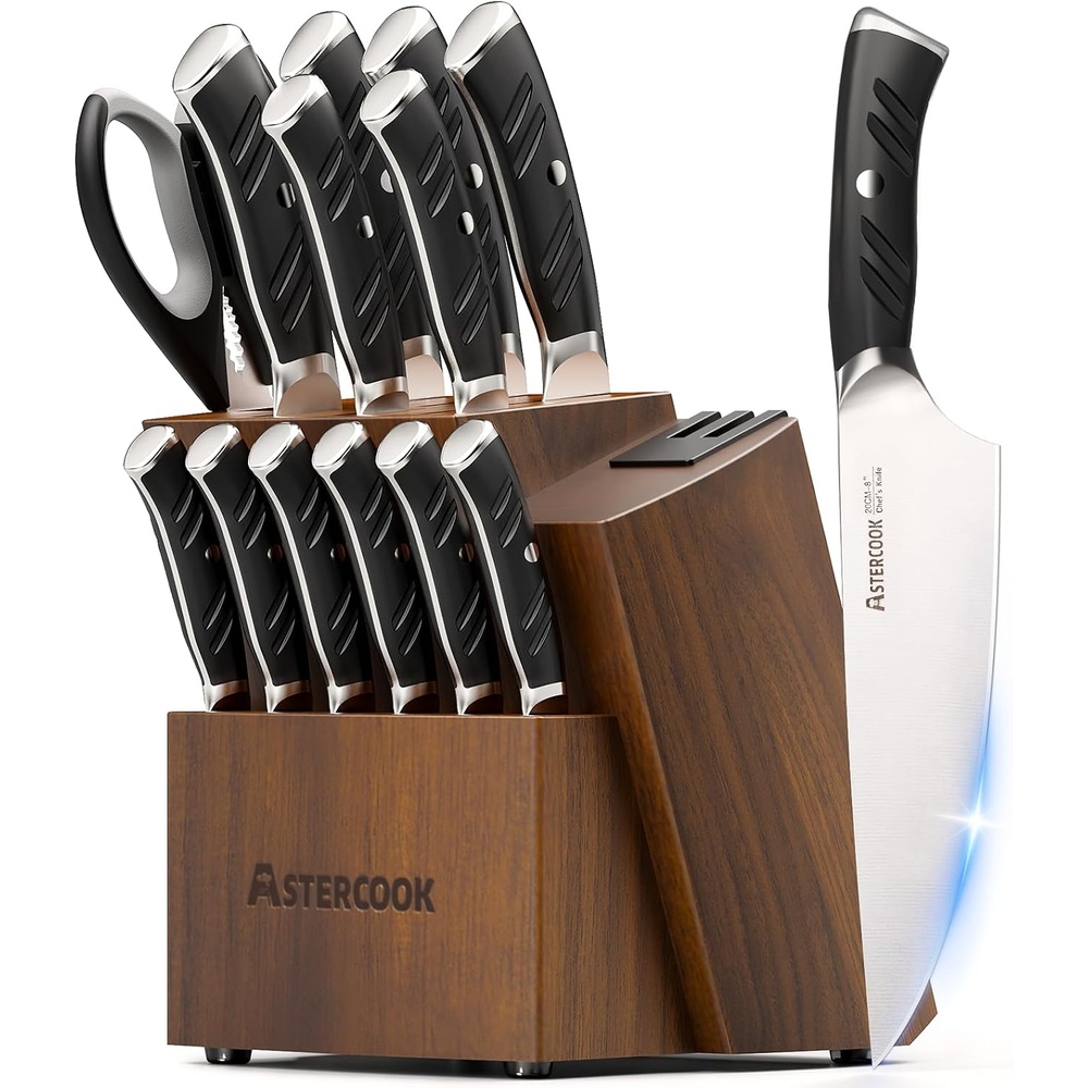 image:imageAstercook Knife Set Kitchen Knives Set with Block and Dual Sharpener Full Tang 15 Pcs German Stainless Steel Knives Sharp Blade Dishwasher Safe Knife Set with Ergonomic Handle Elegant BlackPremium Black ProUltra Sharpwith Dual Sharpener