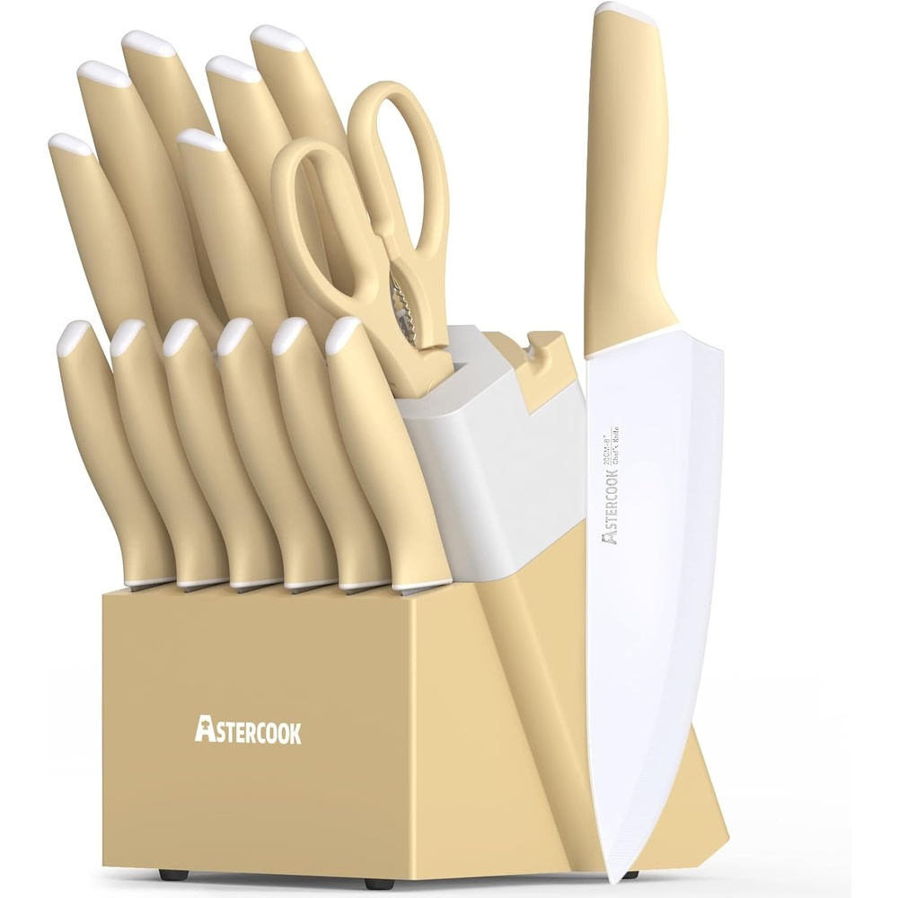 image:imageAstercook Knife Set Kitchen Knives Set with Block and Sharpener 15 Pcs German Stainless Steel Knives Sharp Blade Dishwasher Safe Deba Knives with Ergonomic Handle Crystal PinkMorandi Yellow