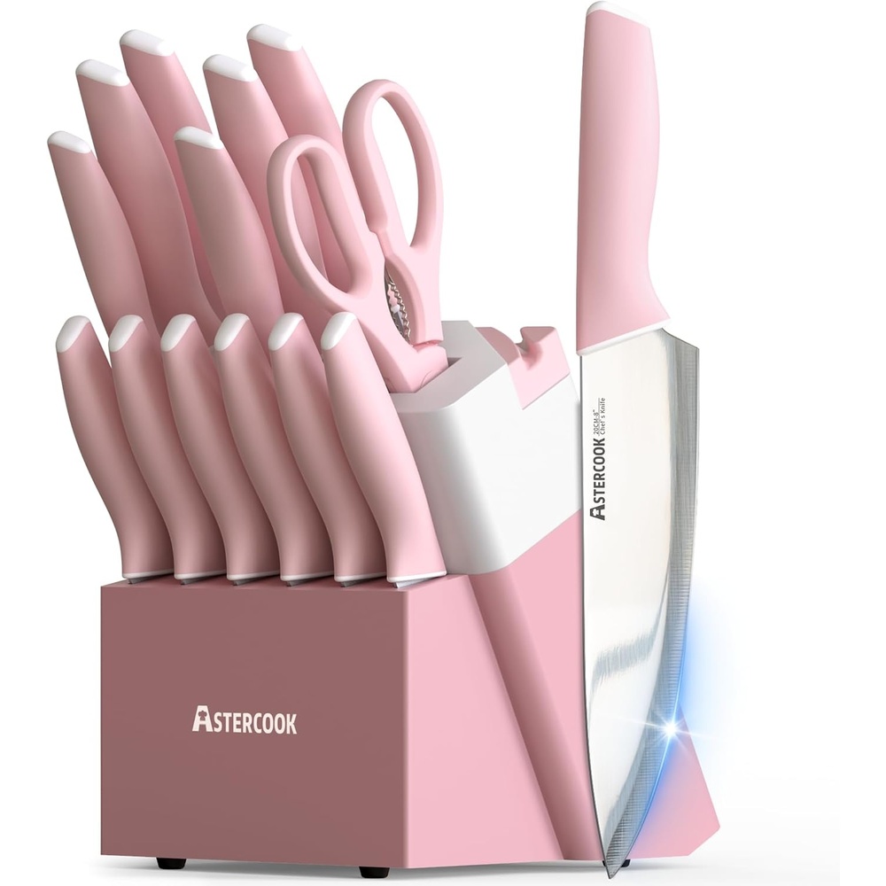 image:imageAstercook Knife Set Kitchen Knives Set with Block and Sharpener 15 Pcs German Stainless Steel Knives Sharp Blade Dishwasher Safe Deba Knives with Ergonomic Handle Crystal PinkCrystal Pink