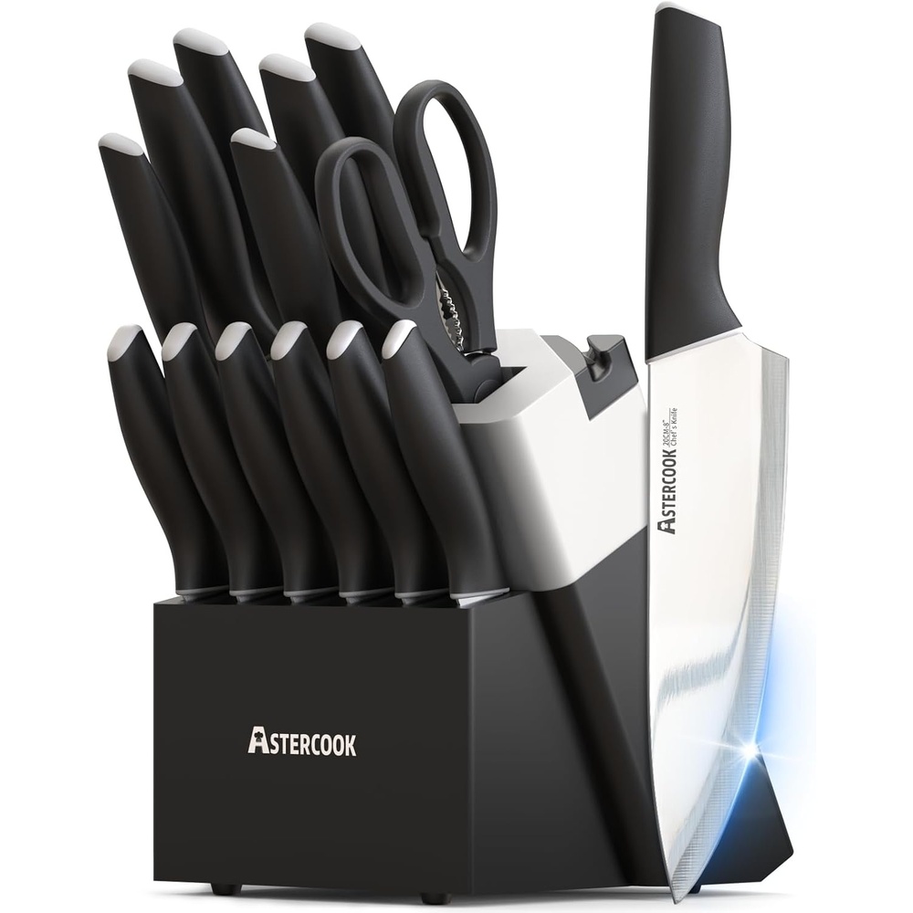 image:imageAstercook Knife Set Kitchen Knives Set with Block and Sharpener 15 Pcs German Stainless Steel Knives Sharp Blade Dishwasher Safe Deba Knives with Ergonomic Handle Crystal PinkA Elegant Black