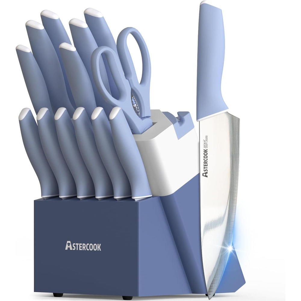 image:imageAstercook Knife Set Kitchen Knives Set with Block and Sharpener 15 Pcs German Stainless Steel Knives Sharp Blade Dishwasher Safe Deba Knives with Ergonomic Handle Crystal PinkDelicate Blue