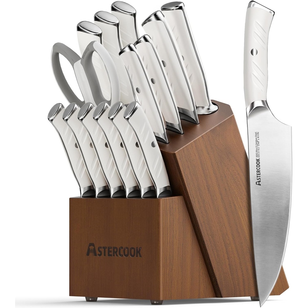 image:imageKnife Set Astercook Kitchen Knife Set with Block 15 Pcs Luxurious High Carbon German Stainless Steel Knives Set with Full Tang Ergonomic Handle Dishwasher Safe Knife Set with Sharpening Rod WhiteWhite