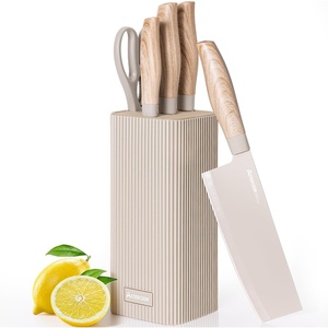 Astercook Knife Set, 6-Piece Kitchen Knife Set with Block, High Carbon Stainless Steel Ultra Sharp Kitchen Knives, Wood Grain Handle, Dishwasher Safe Knife Block Set, Khaki, Kitchen Utility Knives(Khaki)