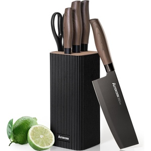 Astercook Knife Set, 6-Piece Kitchen Knife Set with Block, High Carbon Stainless Steel Ultra Sharp Kitchen Knives, Wood Grain Handle, Dishwasher Safe Knife Block Set, Khaki, Kitchen Utility Knives(Black)