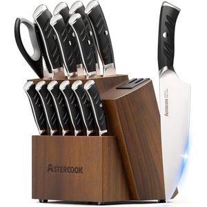 Astercook Knife Set, Kitchen Knives Set with Block and Dual Sharpener Full Tang 15 Pcs German Stainless Steel Knives Sharp Blade Dishwasher Safe Knife Set with Ergonomic Handle, Elegant Black(Premium Black Pro（Ultra Sharp）with Dual Sharpener)