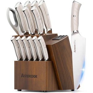 Astercook Knife Set, Kitchen Knives Set with Block and Dual Sharpener Full Tang 15 Pcs German Stainless Steel Knives Sharp Blade Dishwasher Safe Knife Set with Ergonomic Handle, Elegant Black(Elegant White Pro（Ultra Sharp）)